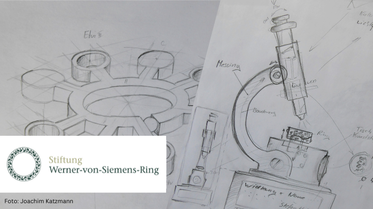 Skizze eines Mikroskops und der Entwürfe für die 40. und 41. Werner-von-Siemens-Ringe, gestaltet und fotografiert von Joachim Katzmann