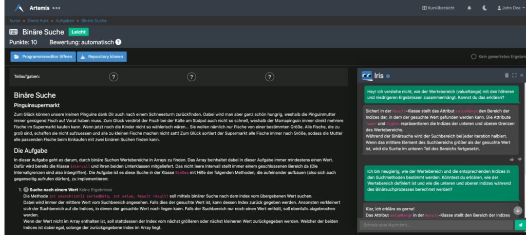 Screenshot aus der Lernplattform Artemis mit dem virtuellen Tutor IRIS