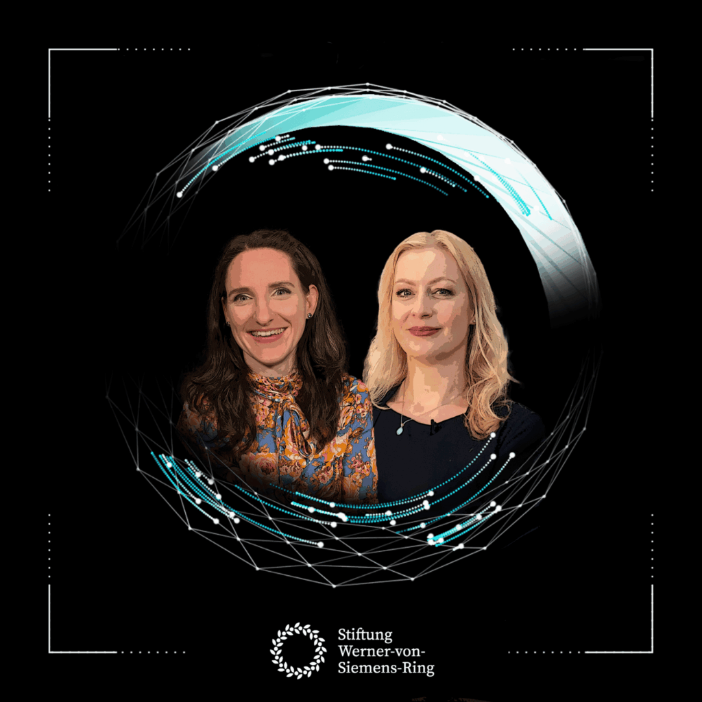 Fotos von Yvonne Späck-Leigsnering und Carmen Hentschel vor schwarzem Hintergrund in einer Kreisform, unten das Logo der Stiftung Werner-von-Siemens-Ring