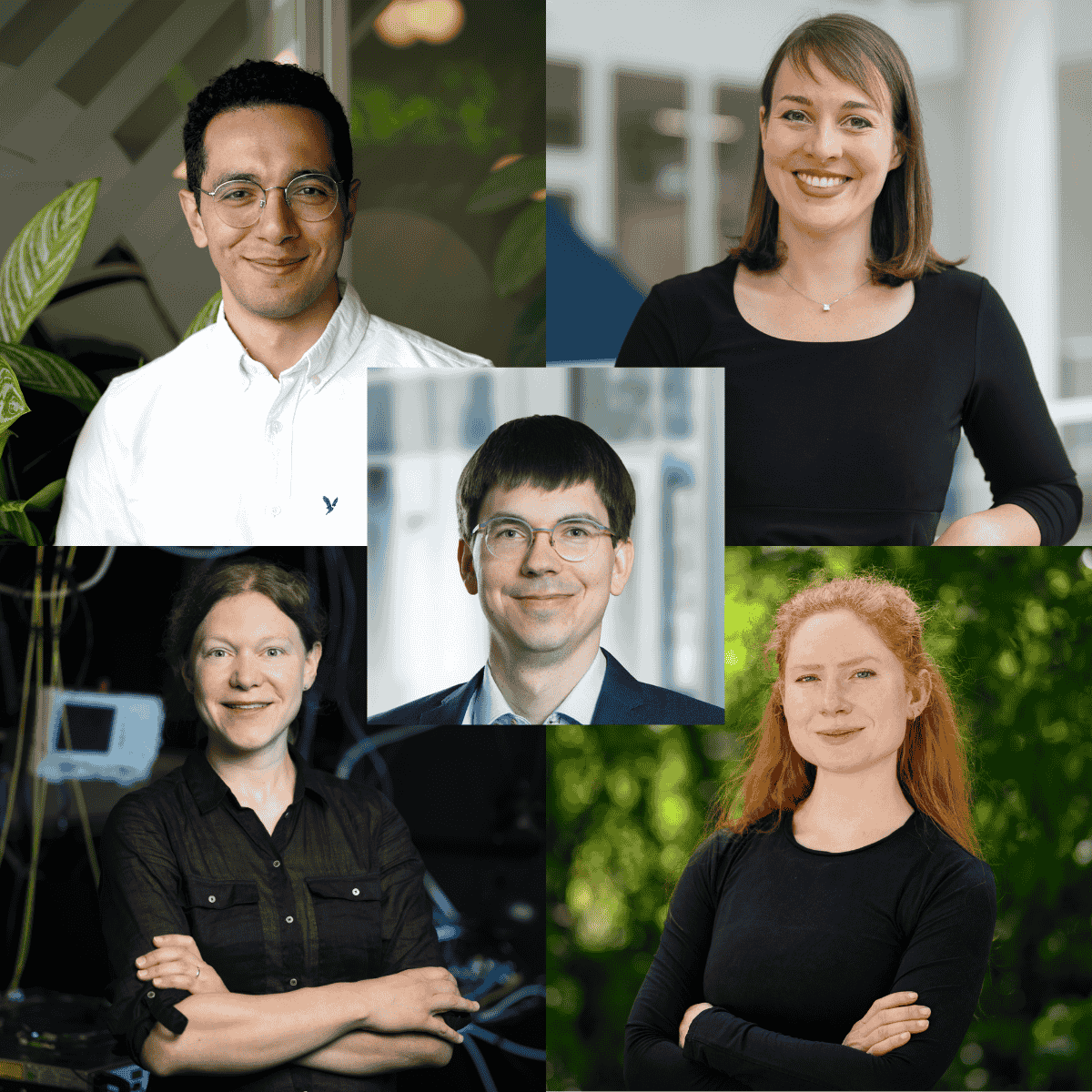 Collage aus Fotos der Werner-von-Siemens-Fellow 2025. Links oben: Taha Soliman; rechts oben: Franziska Boenisch, mittig: Johannes Tiedau, links unten: Elena Jordan, rechts unten: Matha Kalina.