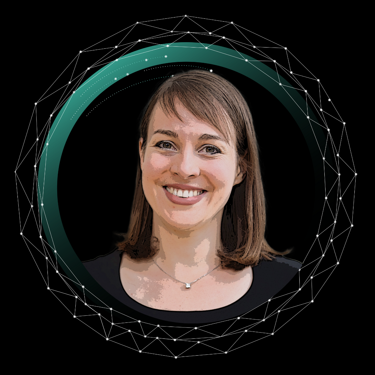 Im Comicstil bearbeitetes Portraitfoto von Franziska Boenisch umgeben von einem türkisfarbenen Farbverlauf in Ringfragmentform und einer weißen ringförmigen Netzwerkstruktur, schwarzer Hintergrund.