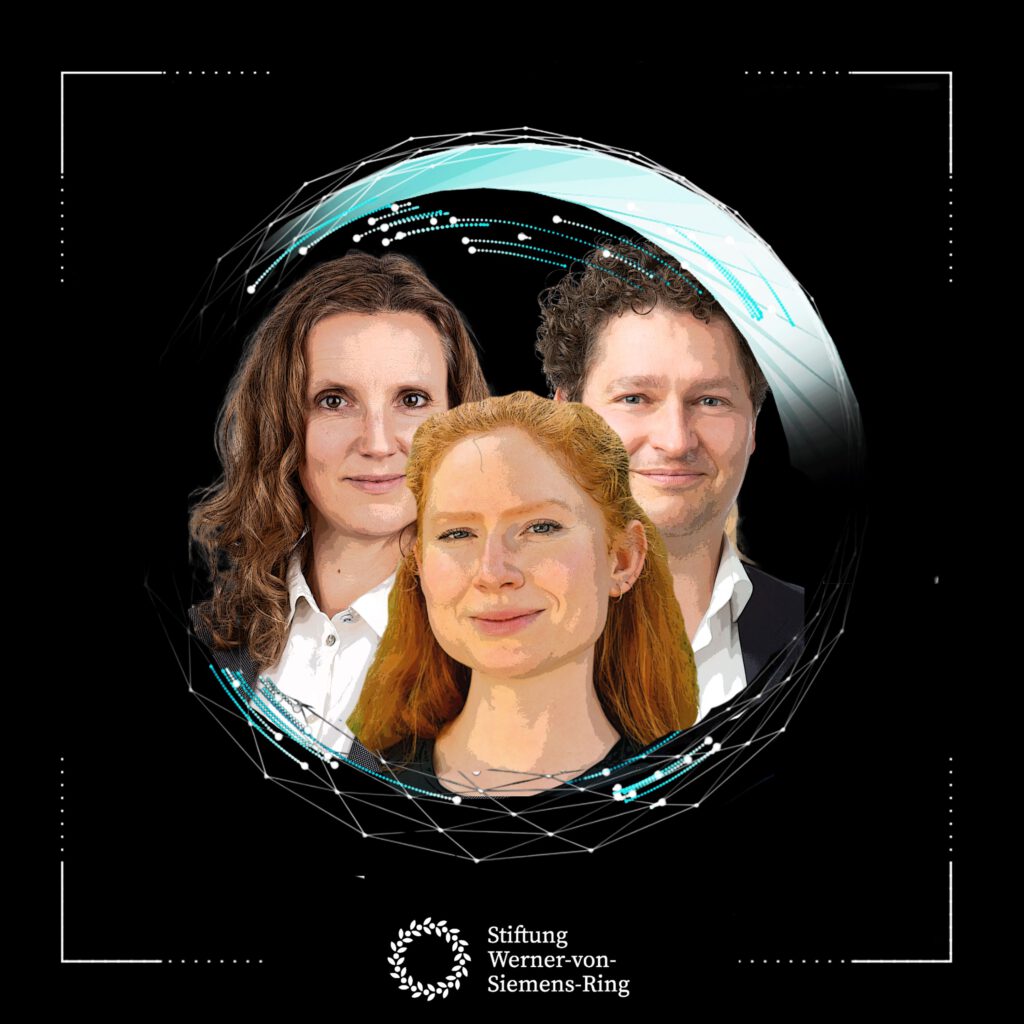 Porträtsfotos von Martha Kalina, Desiree Tillack und Jan Fischer-Wolfarth in einer Kreisform vor schwarzem Hintergrund, darunter das Logo der Stiftung Werner-von-Siemens-Ring